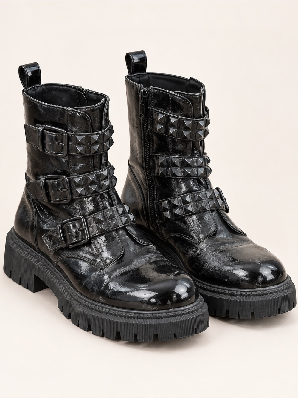 Black Studded Leather Combat Boots - Women